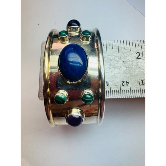 Vintage Estate Sterling Silver 925 Wide Cuff Bracelet w/ Lapis & Malachite 41g - Picture 9 of 13